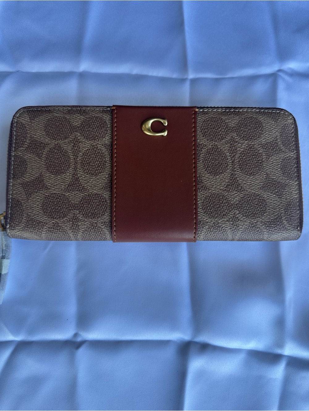 Coach Signature Zip Wallet with Maroon Center Panel and Gold 'C'